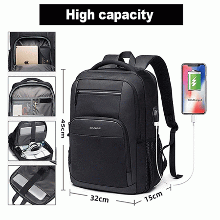 BANGE Large Capacity 15.6 inchi Laptop Backpack Multi-Functional USB Charging Port Water Resistant